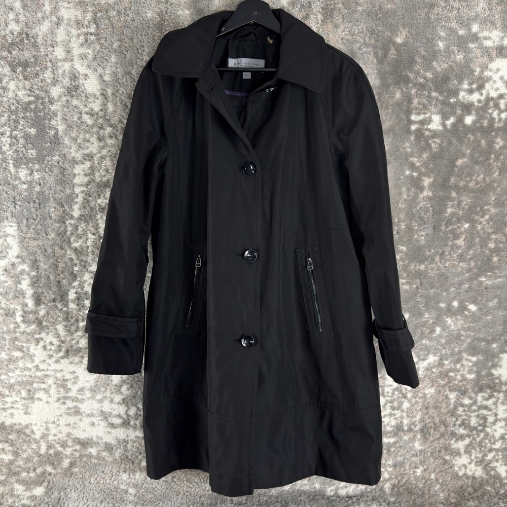 Marc New York Size L Button Front Trench Rain Jacket Black Long Sleeve Women